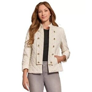 Jones New York Women's Petite Quilted Open-Front Military Jacket off white PL